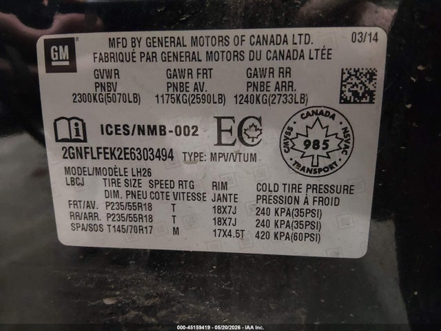 Chevrolet EQUINOX 1LT 2014 2GNFLFEK2E6303494 Image 9