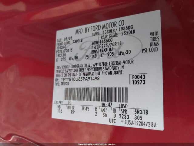 45159426 :رقم المزاد ، 1FTYR10U65PA91498 vin ، 2005 Ford Ranger Edge/stx/xl/xls/xlt مزاد بيع