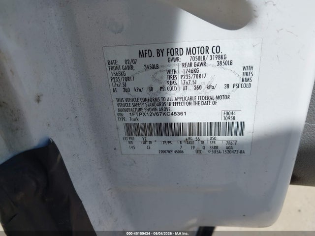 Продаж на аукціоні авто 2007 Ford F-150 Lariat/stx/xl/xlt, vin: 1FTPX12V67KC45361, номер лоту: 45159434