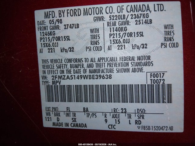 Продаж на аукціоні авто 1998 Ford Windstar Gl/limited/lx, vin: 2FMZA5149WBE39638, номер лоту: 45159436