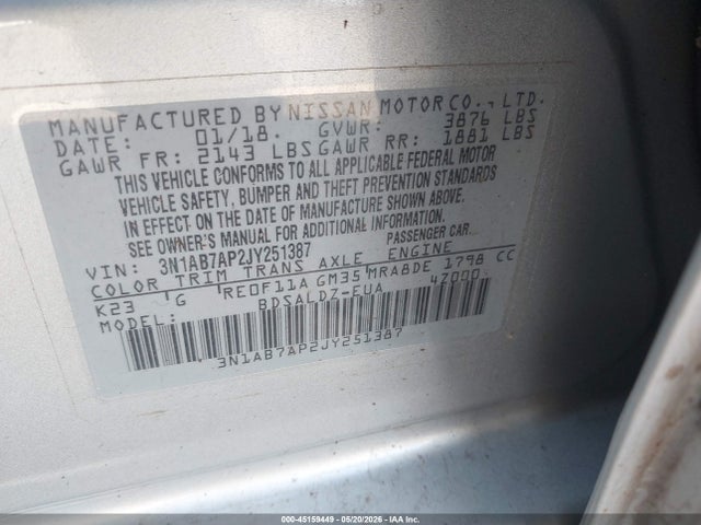 2018 Nissan Sentra Sv მანქანა იყიდება აუქციონზე, vin: 3N1AB7AP2JY251387, აუქციონის ნომერი: 45159449