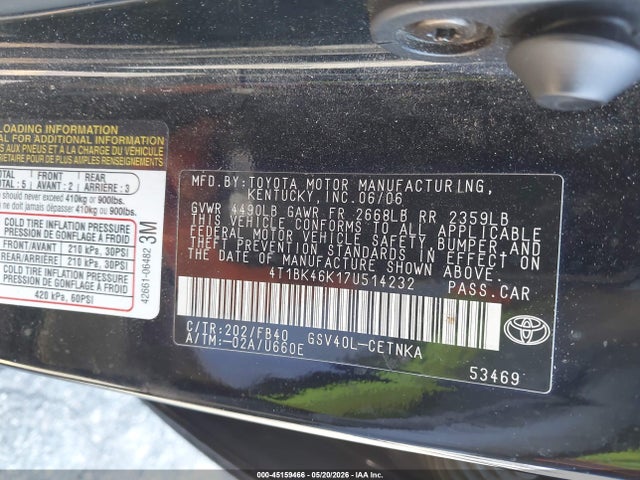 Aukcja sprzedaży 2007 Toyota Camry Le V6, vin: 4T1BK46K17U514232, numer aukcji: 45159466