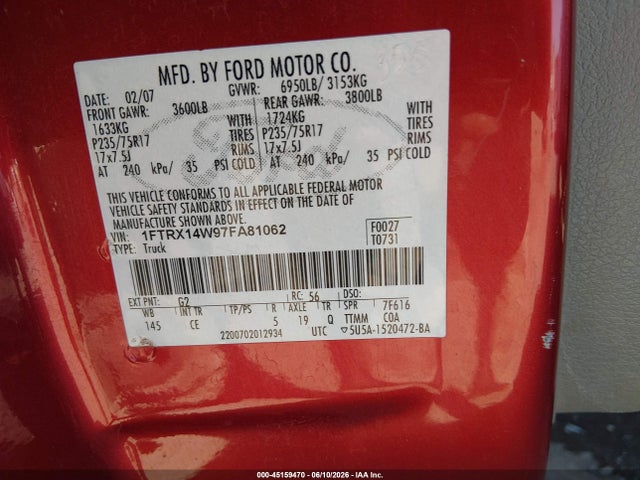Aukcja sprzedaży 2007 Ford F-150 Fx4/stx/xl/xlt, vin: 1FTRX14W97FA81062, numer aukcji: 45159470