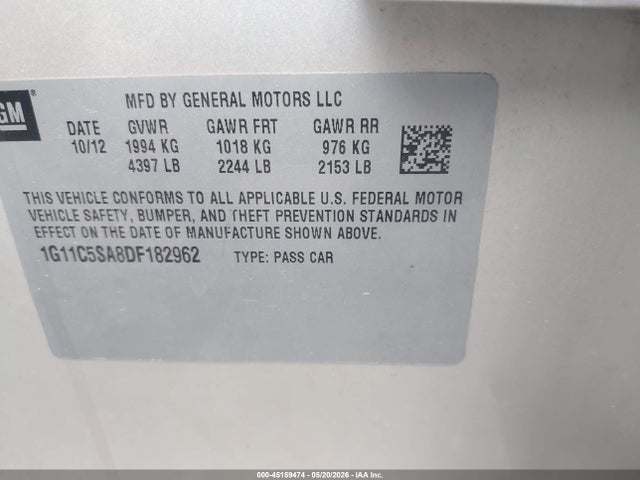 45159474 :رقم المزاد ، 1G11C5SA8DF182962 vin ، 2013 Chevrolet Malibu 1lt مزاد بيع