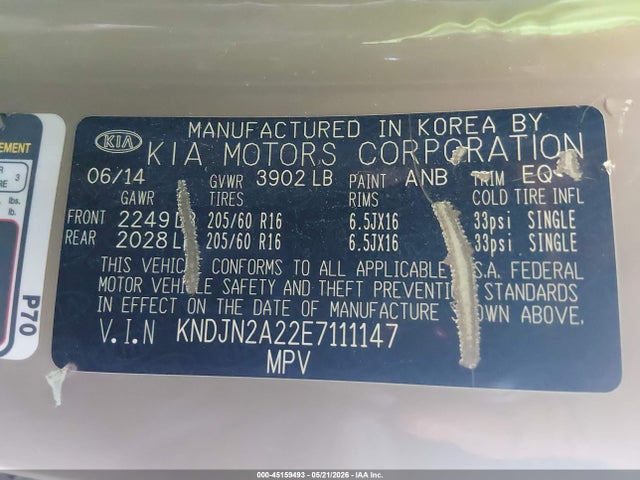 2014 Kia Soul მანქანა იყიდება აუქციონზე, vin: KNDJN2A22E7111147, აუქციონის ნომერი: 45159493