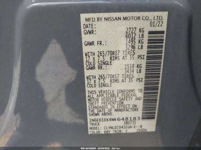 1N6ED1EK4NN648183 Nissan Frontier Pro-4x 4x4