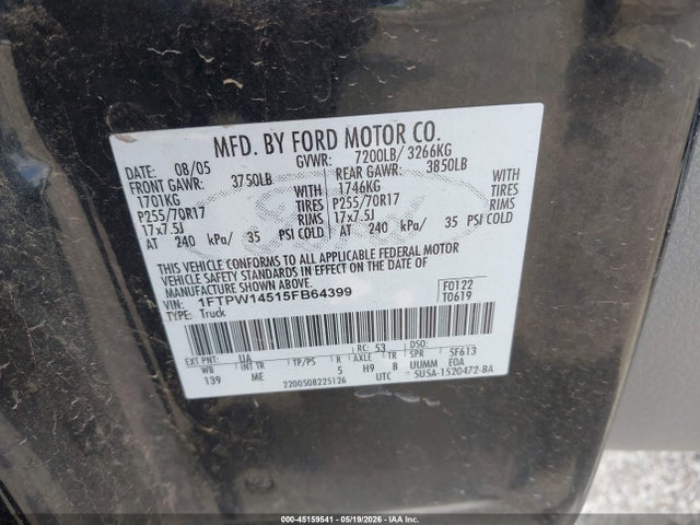 45159541 :رقم المزاد ، 1FTPW14515FB64399 vin ، 2005 Ford F-150 Fx4/lariat/xlt مزاد بيع