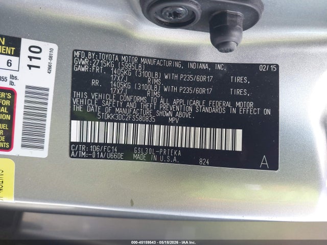 Aukcja sprzedaży 2015 Toyota Sienna Le 8 Passenger, vin: 5TDKK3DC2FS580835, numer aukcji: 45159543