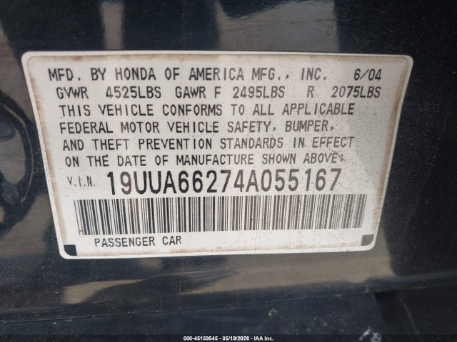Aukcja sprzedaży 2004 Acura Tl, vin: 19UUA66274A055167, numer aukcji: 45159545