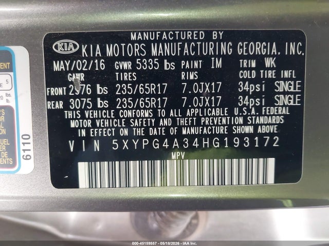 Aukcja sprzedaży 2017 Kia Sorento 2.4l Lx, vin: 5XYPG4A34HG193172, numer aukcji: 45159557