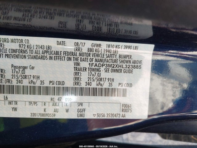 Aukcja sprzedaży 2017 Ford Focus Sel, vin: 1FADP3M2XHL323885, numer aukcji: 45159560
