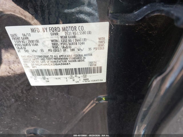Auction sale of the 2013 Ford Edge Limited, vin: 2FMDK4KCXDBA59681, lot number: 45159561
