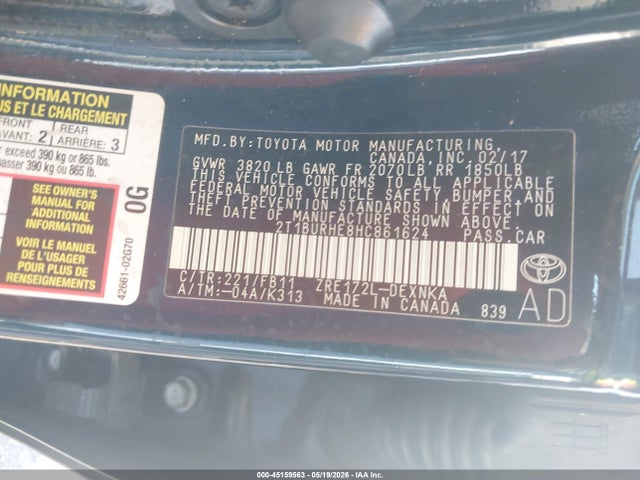 Продажа на аукционе авто 2017 Toyota Corolla Le, vin: 2T1BURHE8HC861624, номер лота: 45159563