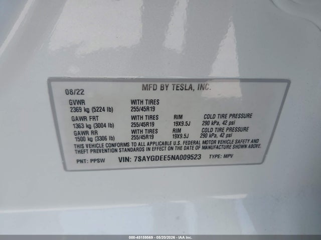 Продажа на аукционе авто 2022 Tesla Model Y Long Range Dual Motor All-wheel Drive, vin: 7SAYGDEE5NA009523, номер лота: 45159569
