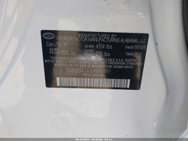 Aukcja sprzedaży 2020 Hyundai Sonata Se, vin: 5NPEG4JA1LH016697, numer aukcji: 45159570