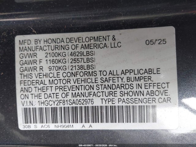 1HGCY2F81SA052976 Honda Accord Hybrid Touring