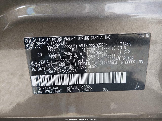 Aukcja sprzedaży 2010 Toyota Rav4 Limited, vin: 2T3DF4DV7AW054776, numer aukcji: 45159578