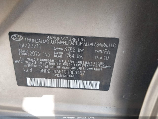 Aukcja sprzedaży 2012 Hyundai Elantra Gls, vin: 5NPDH4AE1CH089497, numer aukcji: 45159581
