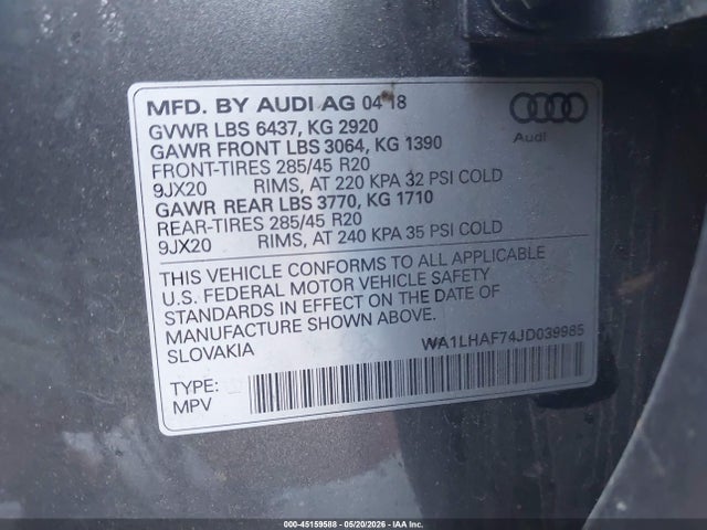 Продаж на аукціоні авто 2018 Audi Q7 2.0t Premium, vin: WA1LHAF74JD039985, номер лоту: 45159588