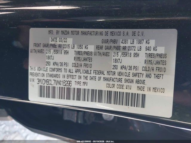 45159592 :رقم المزاد ، 3MVDMBCL7NM416296 vin ، 2022 Mazda Cx-30 Preferred مزاد بيع