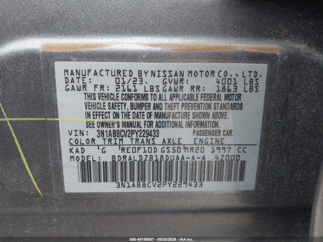 2023 Nissan Sentra Sv Xtronic Cvt მანქანა იყიდება აუქციონზე, vin: 3N1AB8CV2PY229433, აუქციონის ნომერი: 45159597