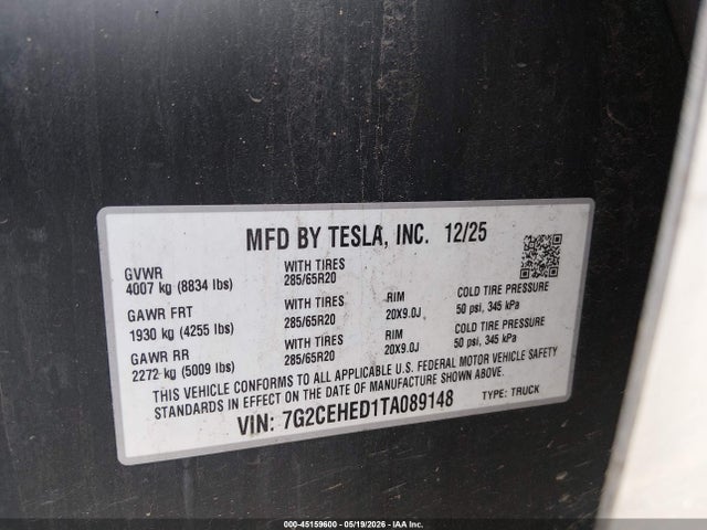 45159600 :رقم المزاد ، 7G2CEHED1TA089148 vin ، 2026 Tesla Cybertruck Dual Motor All-wheel Drive/premium All-wheel Drive مزاد بيع