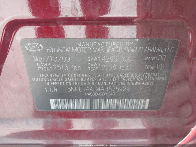 2010 Hyundai Sonata Gls მანქანა იყიდება აუქციონზე, vin: 5NPET4AC4AH575929, აუქციონის ნომერი: 45159604