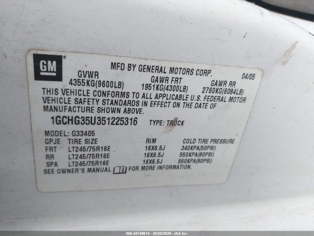 Aukcja sprzedaży 2005 Chevrolet Express, vin: 1GCHG35U351225316, numer aukcji: 45159610