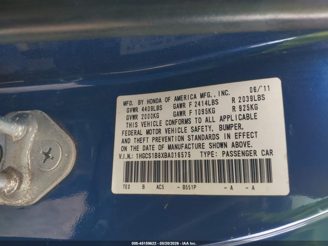 Aukcja sprzedaży 2011 Honda Accord 2.4 Ex-l, vin: 1HGCS1B8XBA016575, numer aukcji: 45159622