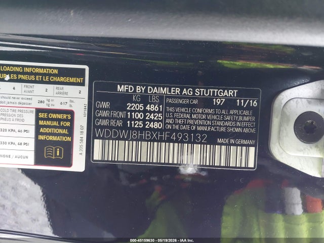 45159630 :رقم المزاد ، WDDWJ8HBXHF493132 vin ، 2017 Mercedes-benz Amg C 63 S مزاد بيع