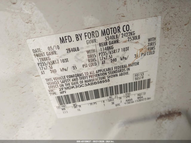 Продаж на аукціоні авто 2010 Ford Edge Se, vin: 2FMDK3GC3ABB58955, номер лоту: 45159637