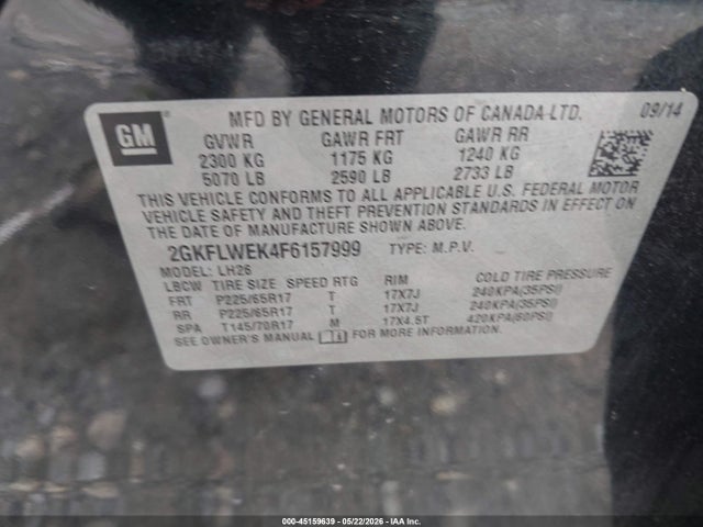 Aukcja sprzedaży 2015 Gmc Terrain Sle-2, vin: 2GKFLWEK4F6157999, numer aukcji: 45159639