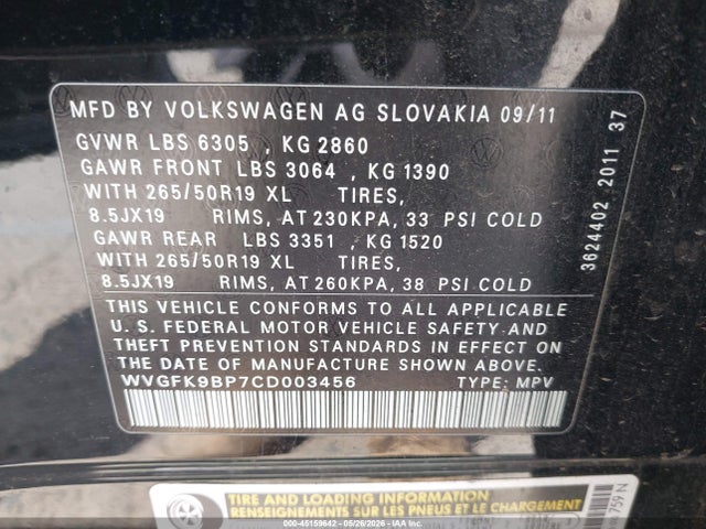 Продажа на аукционе авто 2012 Volkswagen Touareg Tdi Lux, vin: WVGFK9BP7CD003456, номер лота: 45159642