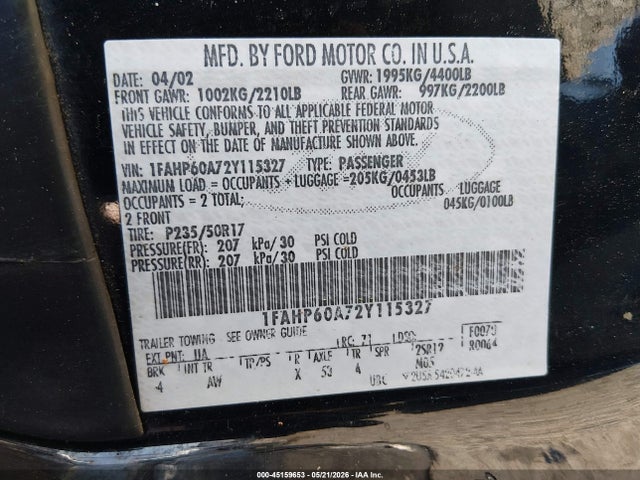 Продаж на аукціоні авто 2002 Ford Thunderbird, vin: 1FAHP60A72Y115327, номер лоту: 45159653