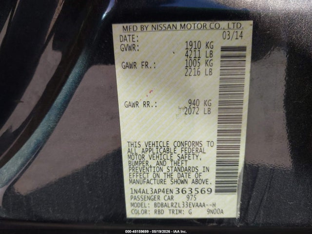 2014 Nissan Altima 2.5 S მანქანა იყიდება აუქციონზე, vin: 1N4AL3AP4EN363569, აუქციონის ნომერი: 45159699