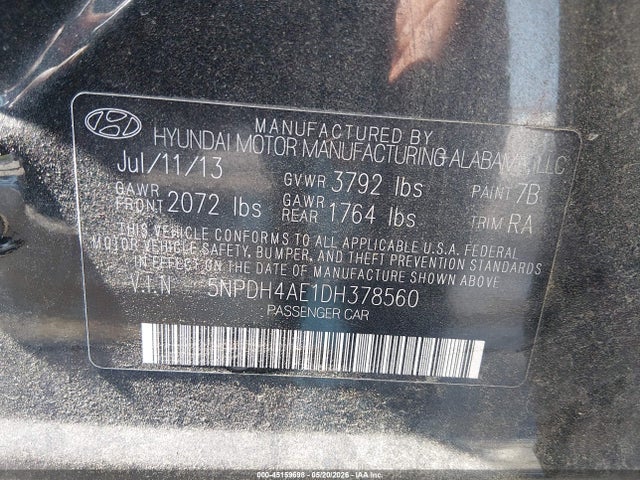 Aukcja sprzedaży 2013 Hyundai Elantra Gls, vin: 5NPDH4AE1DH378560, numer aukcji: 45159698