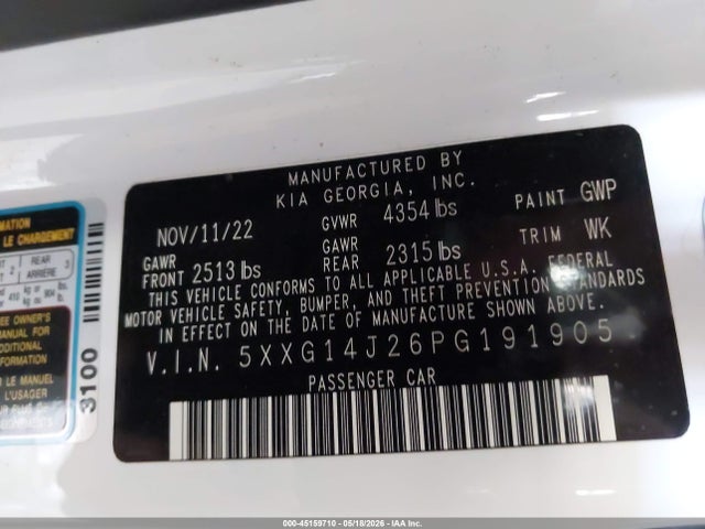 Продажа на аукционе авто 2023 Kia K5 Lxs, vin: 5XXG14J26PG191905, номер лота: 45159710