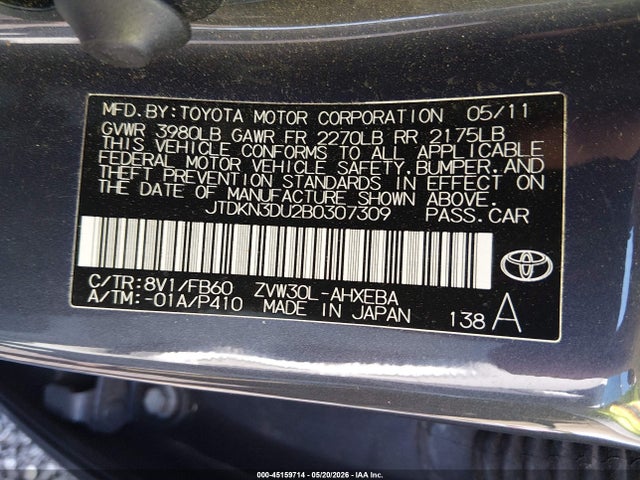 Aukcja sprzedaży 2011 Toyota Prius Three, vin: JTDKN3DU2B0307309, numer aukcji: 45159714