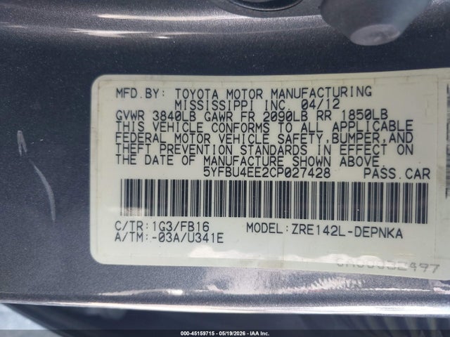 Aukcja sprzedaży 2012 Toyota Corolla Le, vin: 5YFBU4EE2CP027428, numer aukcji: 45159715
