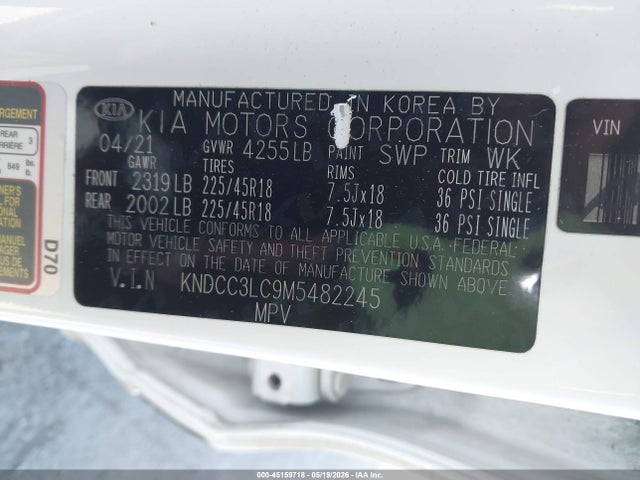 Auction sale of the 2021 Kia Niro Touring, vin: KNDCC3LC9M5482245, lot number: 45159718
