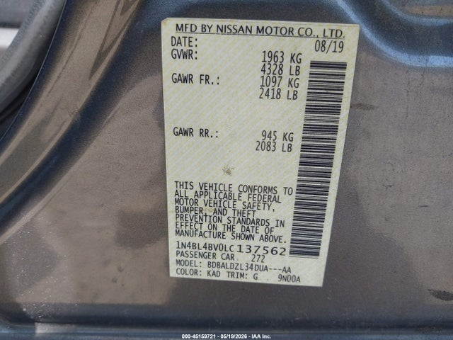 45159721 :رقم المزاد ، 1N4BL4BV0LC137562 vin ، 2020 Nissan Altima S Fwd مزاد بيع