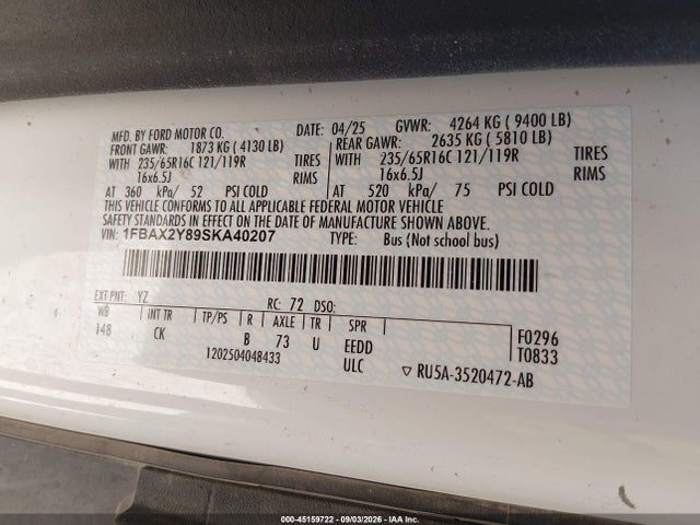Продажа на аукционе авто 2025 Ford Transit-350 Passenger Van Xlt, vin: 1FBAX2Y89SKA40207, номер лота: 45159722