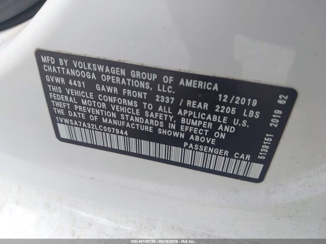 45159726 :رقم المزاد ، 1VWSA7A32LC007944 vin ، 2020 Volkswagen Passat 2.0t Se مزاد بيع