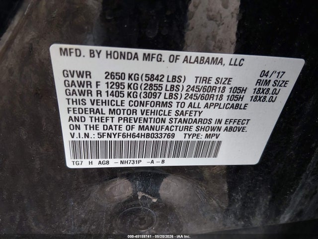 Продажа на аукционе авто 2017 Honda Pilot Ex-l, vin: 5FNYF6H64HB033769, номер лота: 45159741