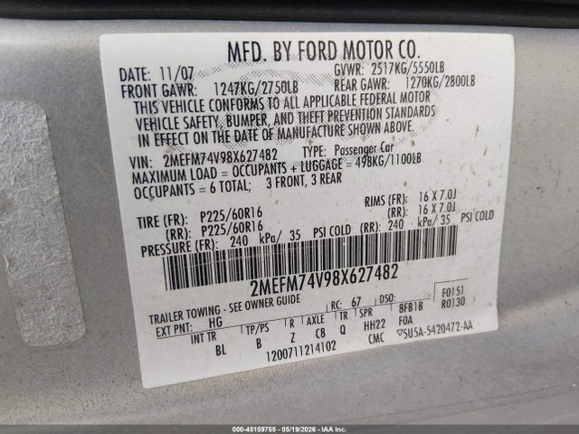 Продаж на аукціоні авто 2008 Mercury Grand Marquis Gs, vin: 2MEFM74V98X627482, номер лоту: 45159755