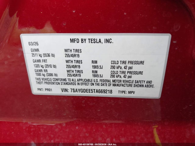 2026 Tesla Model Y All-wheel Drive/long Range Launch Series/premium All-wheel Drive მანქანა იყიდება აუქციონზე, vin: 7SAYGDEE5TA669218, აუქციონის ნომერი: 45159769