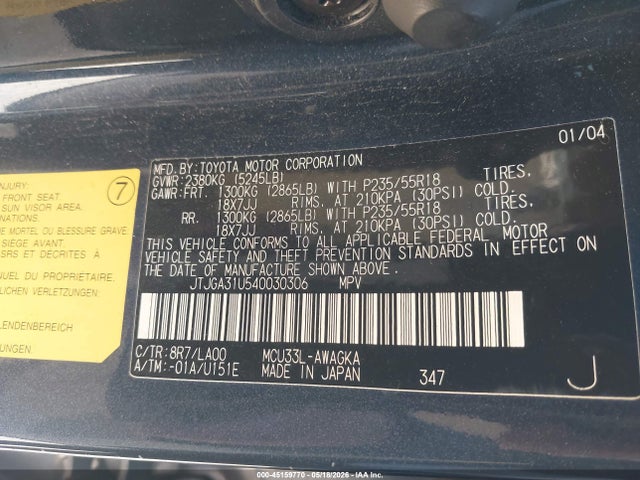 45159770 :رقم المزاد ، JTJGA31U540030306 vin ، 2004 Lexus Rx 330 مزاد بيع