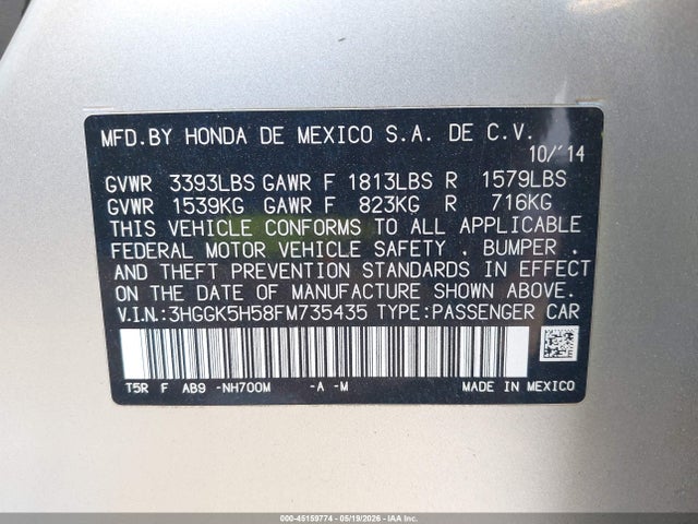 45159774 :رقم المزاد ، 3HGGK5H58FM735435 vin ، 2015 Honda Fit Lx مزاد بيع