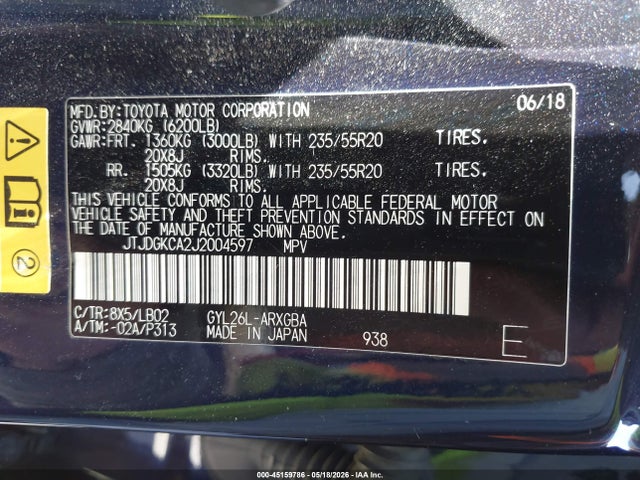 45159786 :رقم المزاد ، JTJDGKCA2J2004597 vin ، 2018 Lexus Rx 450hl Premium مزاد بيع