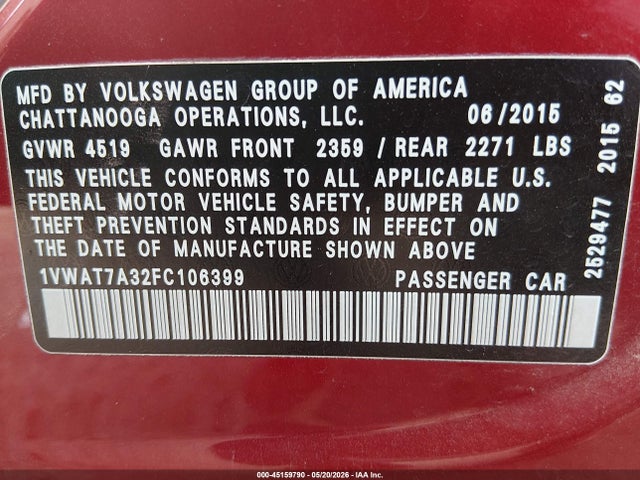 Продажа на аукционе авто 2015 Volkswagen Passat 1.8t Limited Edition, vin: 1VWAT7A32FC106399, номер лота: 45159790